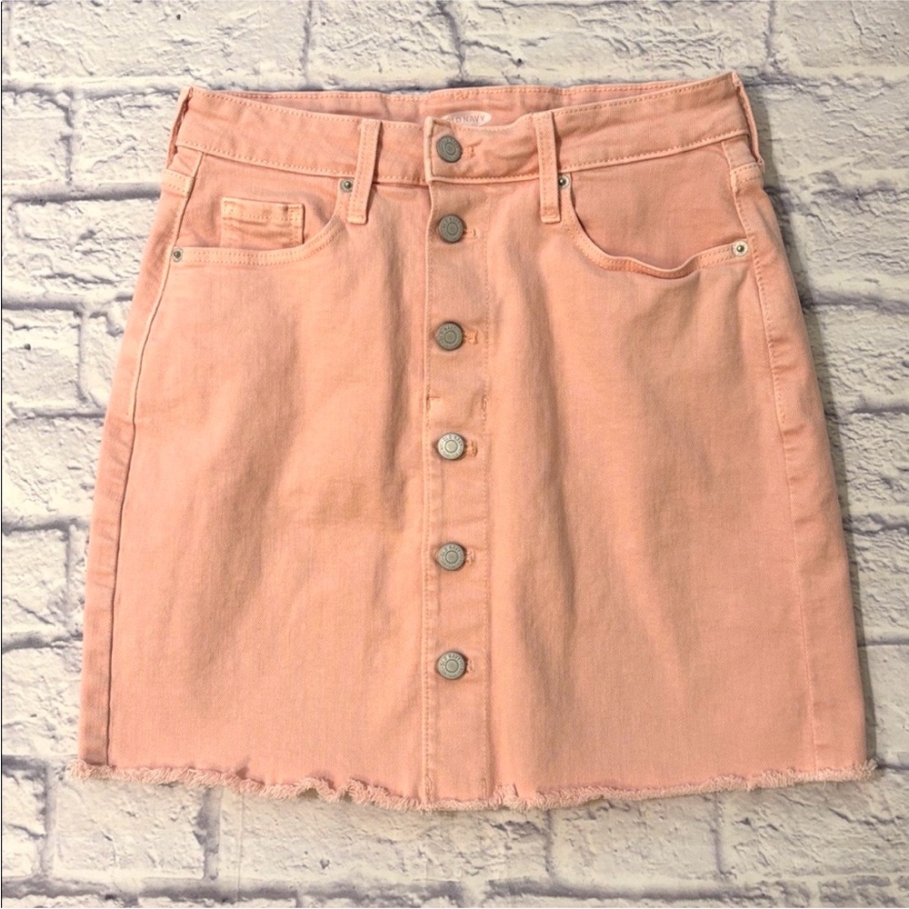 Old Navy Pink Denim Jean Skirt Button Front Raw Cut Off Hem Mini Skirt Size 4